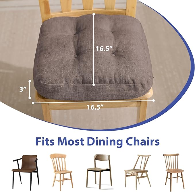 Chair Cushions for Dining Chairs, Dining Chair Cushions, Tufted Indoor Chair Pads with Ties & Non Slip Backing, Seat Cushions for Kitchen Chairs 16.5” x 16.5” x 3.5”, Set of 4, Light Brown