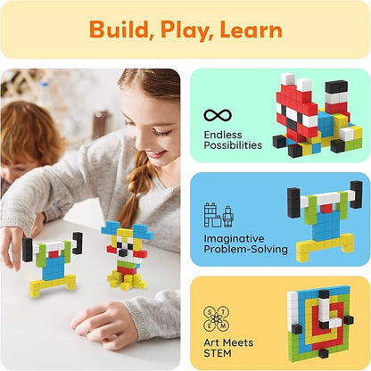 PicassoTiles 100pcs 0.5” Pixel Magnetic Puzzle Cube Mix & Match Cubes Sensory Toys STEAM Education Learning Building Block Magnets Children Construction Toy Set Stacking Magnet Creative Kit PMC100