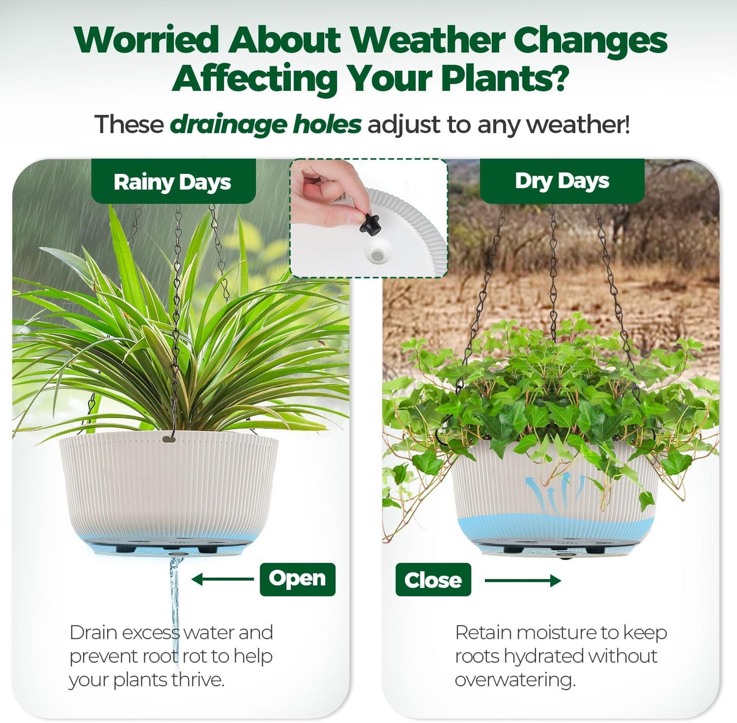 T4U 10 Inch Hanging Planters for Indoor Outdoor Plants, 2 Pack White Self Watering Hanging Plant Pot, Hanging Pots Set with Drainage Hole & Plug & Chain with 3 Hooks for Garden Home Decor