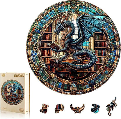 WOODBESTS Wooden Puzzles for Adults (300 Piece, L, 13.4"x13.4") Dragon's Library Wood Puzzle Adult, Unique Wooden Animal Jigsaw Puzzles, Family Game and Birthday Gifts for Friend