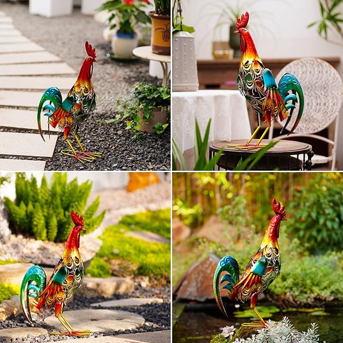 19 Inch Solar Rooster Statue Lights, Metal Yard Art Solar Rooster, Large Rooster Statue Colorful Lights for Garden Lawn Outdoor Decoration Gifts.