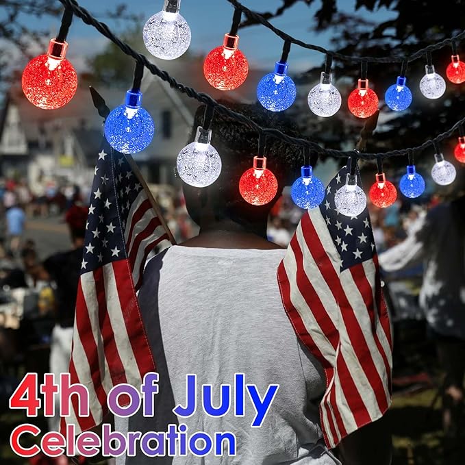 LORRYTE 2-Pack Red White and Blue Crystal Globe Solar String Lights Outdoor, 64FT 100 LED Waterproof Patriotic Lights 8 Lighting Modes for Memory Day Independence Day 4th of July Christmas