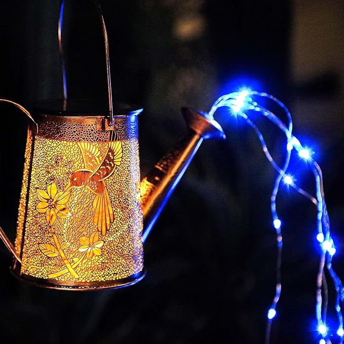 Morestar Solar Watering Can Garden Fairy Lights Outdoor Decor(Blue Lights),Decorative Solar Lights Waterproof Hanging Solar Lantern Hummingbird Gift for Mom Grandmom Birthday for Patio Yard Lawn Decor