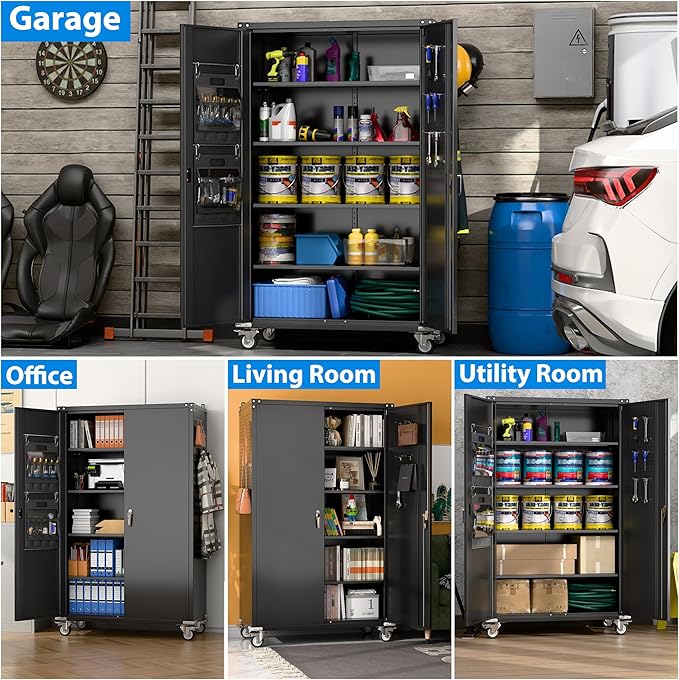 Upgraded Wide & Deep Extra Large Metal Storage Cabinet on Wheels,Lockable Garage Cabinets with 3 Pegboards,2 Tool Pouches for Garage,Office,Assembly Required,Black,43.3''W x 21.6''D x 72''H
