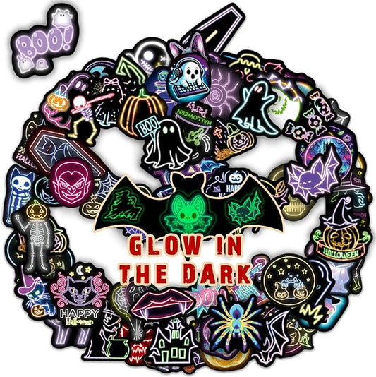 70 Pcs Glow in The Dark Neon Halloween Stickers for Kids, Waterproof Decor for Water Bottle, Vinyl Laptop Decals for Teens Girls Boys, Students Classroom Prizes