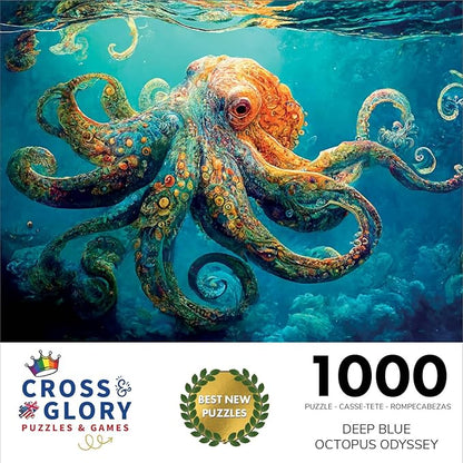 Cross & Glory Jigsaw Puzzles 1000 Pieces - Deep Blue Octopus Odyssey - 1000 Piece Puzzle for Adults | Best New Marine Artwork Ocean Puzzles | Unique Brain Teaser Octopus Puzzle