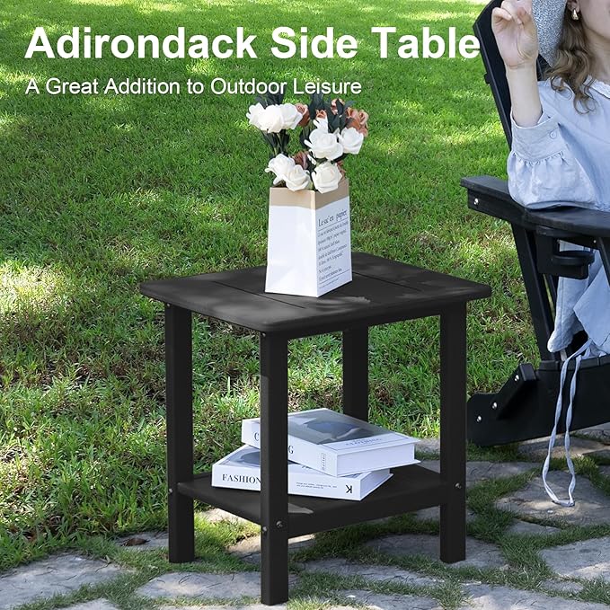 Outdoor Side Table - 2-Tier Storage All Weather Outdoor End Table for Patio - HDPE Morden Easy Maintenance Adirondack Side Table for Pool Porch Balcony Garden Lawn Backyard Outside Indoor