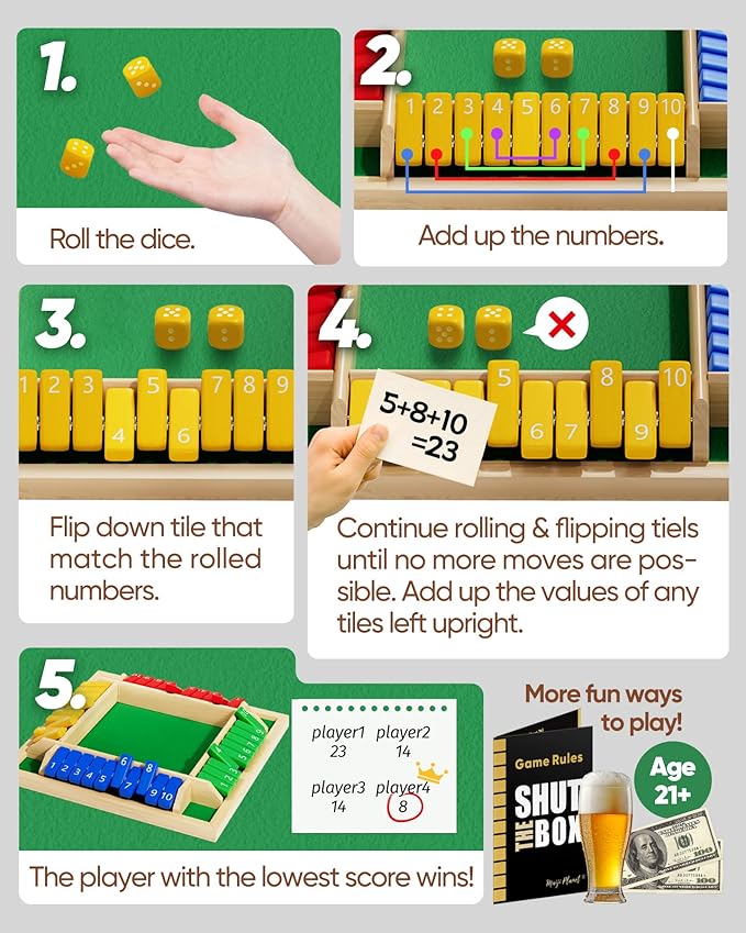 Original 12 Numbers Shut The Box Game, Math Dice Board Game for Family Night, Camp, Wooden Classic Tabletop Gift for Group Kid Adult Senior, Travel Party Bar, Easy Quick and Fun, Portable Style