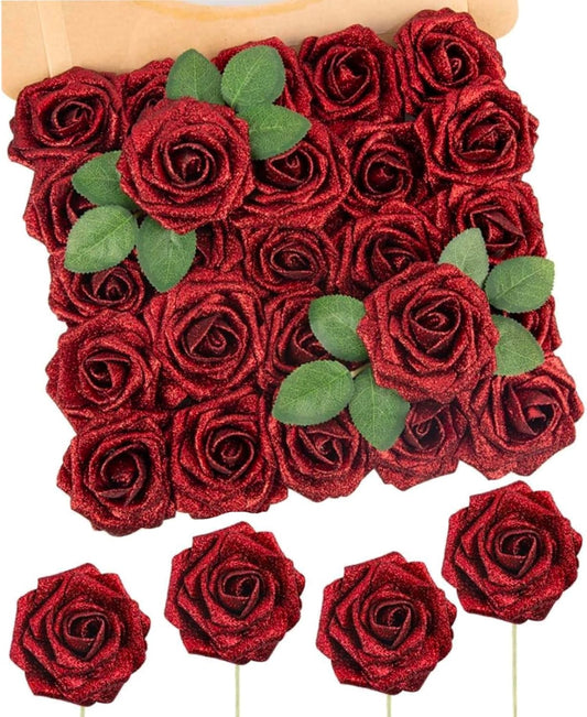 N&T NIETING Artificial Flowers Glowing Red Flowers Foam 25pcs Glitter Roses Real Looking Fake Roses with Stem for DIY Wedding Bouquets Centerpieces Bridal Shower Party Home Decorations