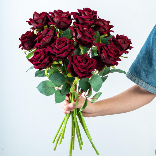 Fake Roses Faux Flowers Silk Roses Artificial Roses with Stems 16.5In Realistic Artificial Flowers Suitable for Indoor Home Decoration Diy Bouquet Wedding Decor Party Decor 12PCS(Black red)