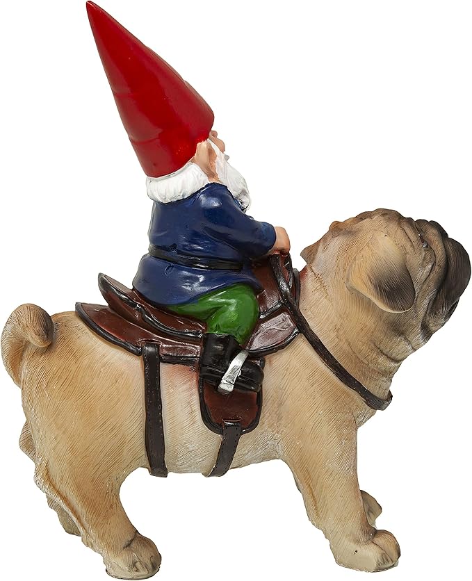 Funny Guy Mugs Garden Gnome Statue - Gnome Riding a Pug - Indoor/Outdoor Garden Gnome Sculpture for Patio, Yard or Lawn
