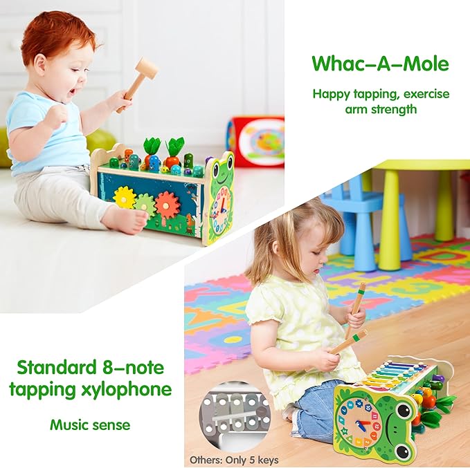 6-in-1 Wooden Montessori Toy with Mole Whacking Game & Xylophone for 1-5 Year Old Toddler, Activity Cube for 12+ Month Baby, Multipurpose Early Learning Toy with Frog Clock, Birthday Gift for Boy/Girl