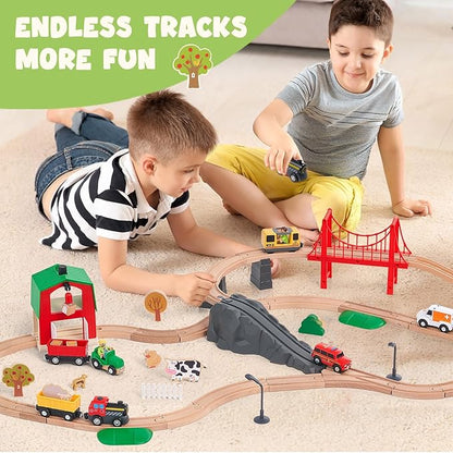 Giant bean 42PCS Wooden Farm Train Set for Toddler, Battery Operated Train Railway Track with Bridge, Barn, Animals,Tractor Cargo, Compatible with Most Brand,Toy Gift for Kids Boys Girls Age 3-8