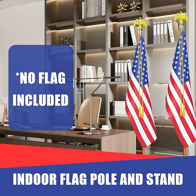 Super Tough Indoor Flag Pole kit 8ft - Metal Eagle - Gold Texture Base - Aluminum Flagpole with Brass Finish - Heavy Duty Inside House Flagstaff - Interior Shaft and Stand - No Ensign Included