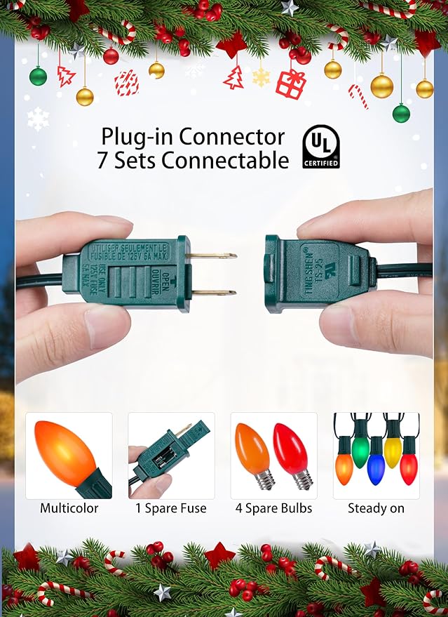 Vintage C9 LED Christmas Lights Outdoor, 100 Feet C9 String Lights with 100 Colored Shatterproof Bulbs, Connectable Waterproof Lights for Holiday Party Roofline Backyard Garden Patio, Green Wire