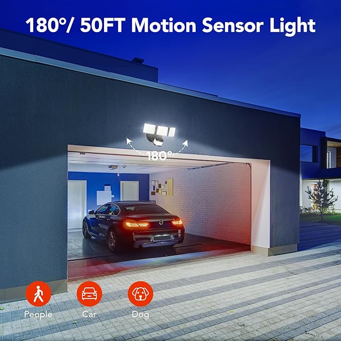 OREiN 2 Pack Motion Sensor Outdoor Lights, 4500LM/30W 180°/50FT Motion Sensor, Dusk to Dawn Flood Lights Outdoor IP65 Waterproof 3 Modes LED Security Light for Garage, Yard, Black (Hardwired)