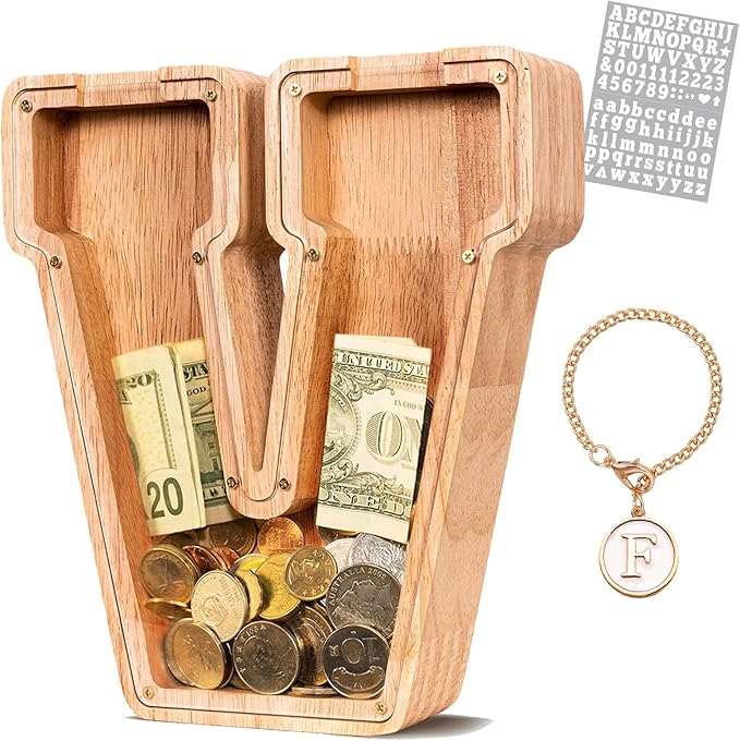 KMC Wooden Letter Piggy Bank, Personalized Initial Piggy Bank for Kids Boys, Clear Alphabet V Wood Money Box, Unbreakable Coin Saving Jar, Birthday, for Children