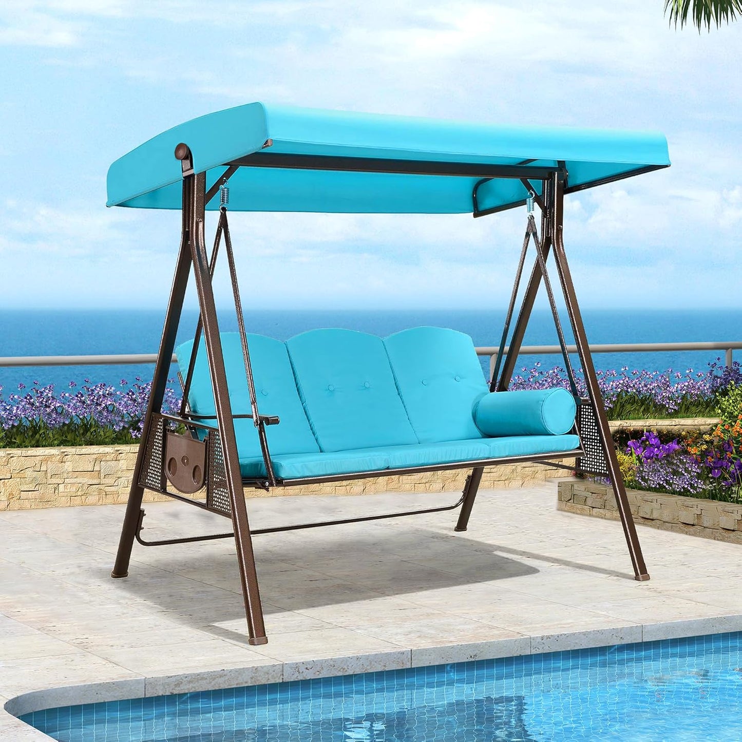 PURPLE LEAF 3-Seat Deluxe Outdoor Patio Porch Swing with Weather Resistant Steel Frame, Adjustable Tilt Canopy, Cushions and Pillow Included, Turquoise Blue