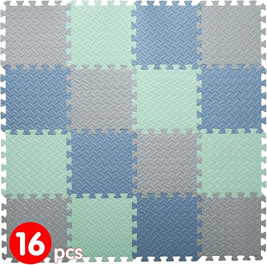 16 Tiles Foam Play Mat for Baby, Soft & Safe EVA Foam Mats for Floor, Square Baby Play Mat, Kids Foam Puzzle Floor Mat, 47x47 Play Mat for Playpen(Gray/(Bean Green/Gray Blue)
