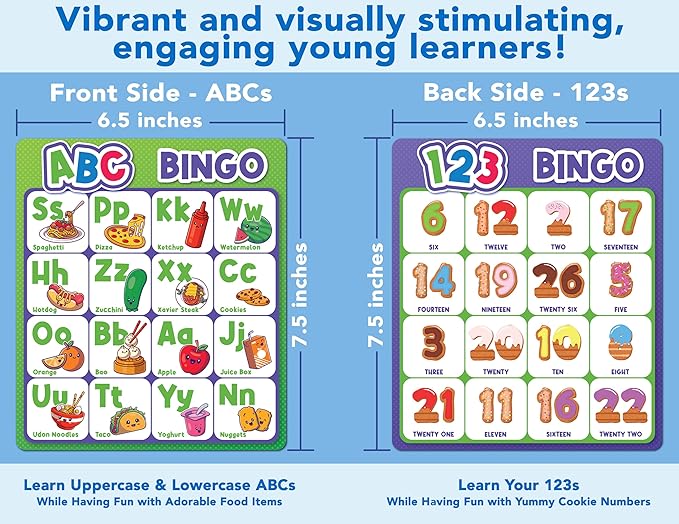 Party Hearty Alphabet and Number, ABC and 123 Bingo Board Game for Kindergarten and Preschool Kids Learn to Read Fun 2 Versions for Ages 4 and Up (Food Edition)