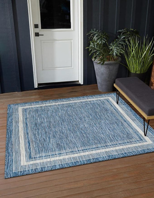 Unique Loom Outdoor Border Collection Area Rug - Soft Border (10' Square Blue/Ivory)