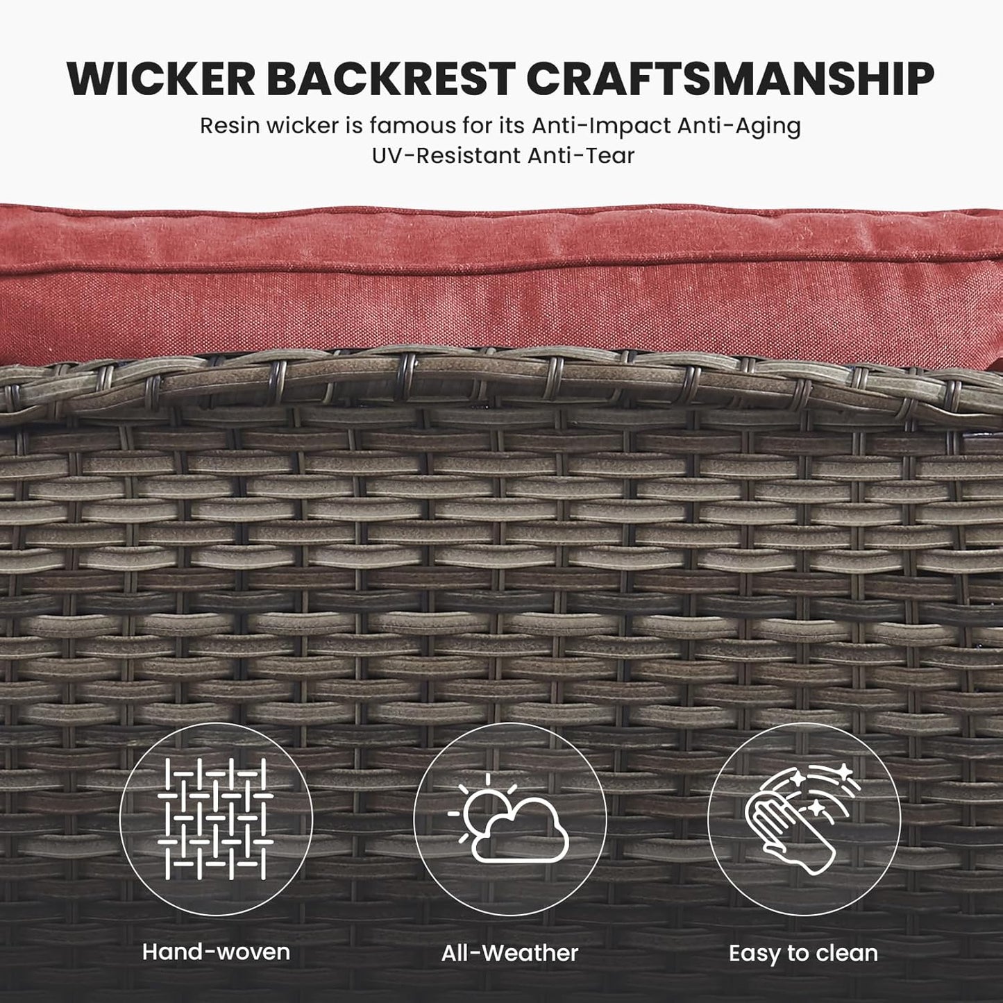 Outdoor Couch Wicker Patio Sofa - 75Inch Rattan Sofa with Hight Backrest Wide Armrest, All Weather Outdoor 3 Seater Seating Wicker Couch for Balcony Proch Deck Backyard Grey/Red