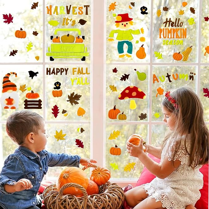 6 Sheet Fall Window Clings Gel, Happy Thanksgiving Autumn Harvest Pumpkins Truck, Fall Leaf, School Home Supplies