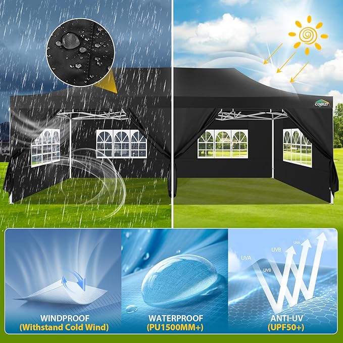 COBIZI 13x26 Pop Up Tent Heavy Duty Canopy with Removable Sidewalls Party Tent Outdoor Wedding Large Event Tent with Roller Bag for Garden Lawn Waterproof UPF 50+ Easy Up, Black (Framework Upgraded)