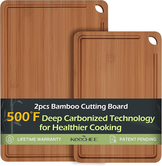 Butcher Block 2-Pcs Carbonized Bamboo Cutting Board Set With Juice Groove For Meal Prep & Cheese Serving - Ideal Kitchen Gift Set of 2 (M+L)