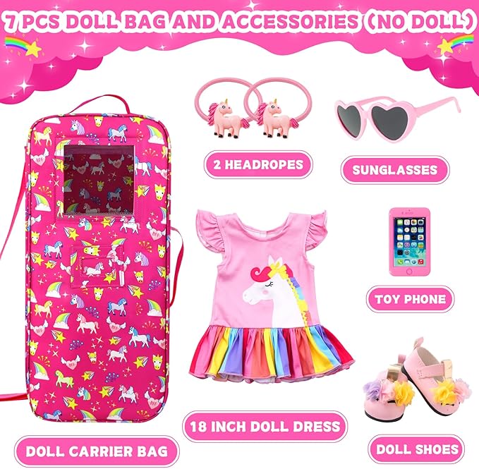 Ecore Fun 7-Piece 18" Unicorn Doll Carrier with Accessories: Doll Case, Clothes, Shoes, Sunglasses, Phone, Hairpins
