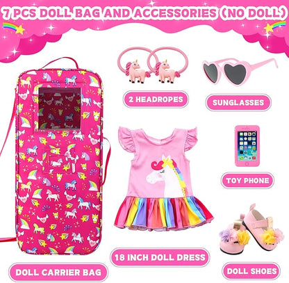 Ecore Fun 7-Piece 18" Unicorn Doll Carrier with Accessories: Doll Case, Clothes, Shoes, Sunglasses, Phone, Hairpins