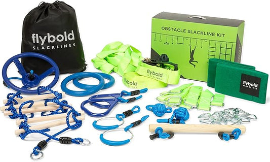 Flybold Slackline Obstacle Course for Kids - Ninja Warrior Training Kit with 8 Adjustable Obstacles, Twin Gear Ratchet, Outdoor Ninja Course for Kids - 40 ft Line Stainless Steel with Tree Protectors