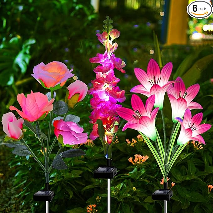 Solar Garden Lights - 6 Pack Solar Flowers with Lily Rose Delphinium, Waterproof Gardening Gifts for Mom, Grandma, Women - Multi-Color Changing Outdoor Lights for Garden, Yard, Patio, Lawn