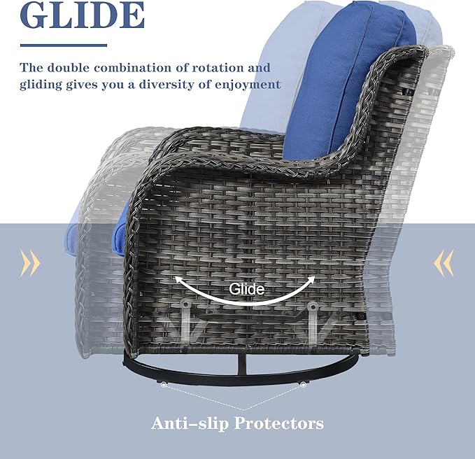 Outdoor Furniture Sectional Sofa L Shaped Couch - Patio Wicker Set with 2 Swivel Glider Chairs, 8 Piece Rattan Patio Conversation Sets with Blue Cushion for Deck Backyard Sunroom