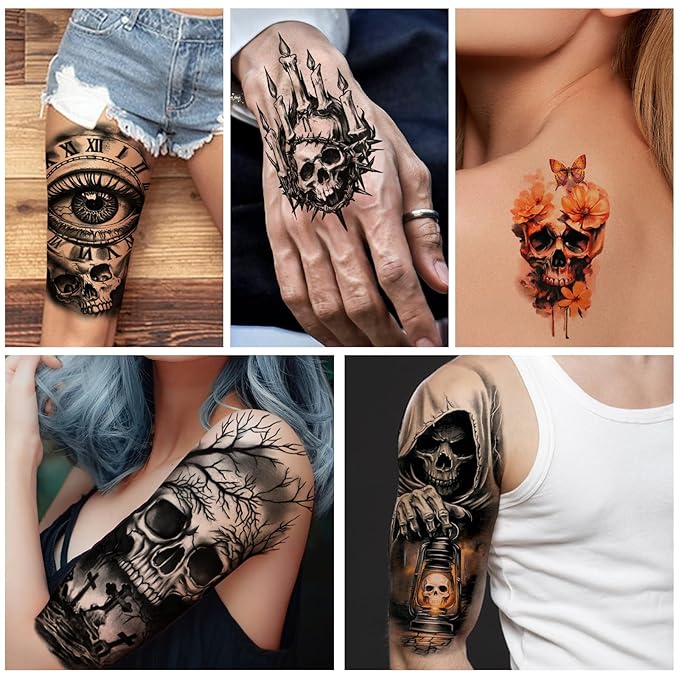 77 Sheets Skeleton Skull Temporary Tattoo for Women Men, 17 Sheets Half Arm Large Flower Spider Owl Fake Tattoos, 60 Sheets Black Scary Halloween Cosplay Tiny Adult Kid Body Tattoos Stickers Realistic