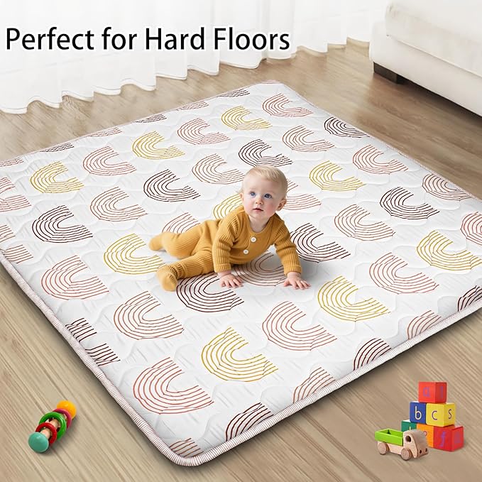 Baby Play Mat, 50x50 Playpen Mat, Thick Soft Foam Playmats for Baby, Foldable and Washable Crawling Mat for Floor (Rice Rainbow)