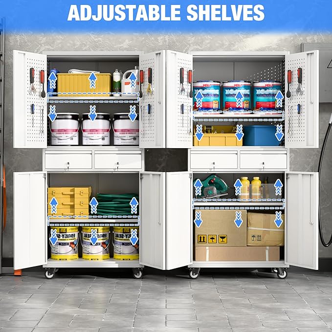 Metal Garage Storage Cabinet with Locking Doors and 2 Adjustable Shelves, Rolling Tool Storage Cabinet with 4 Wheels and 2 Drawer for Garage, Warehouse, White and Gray, Assembly Required