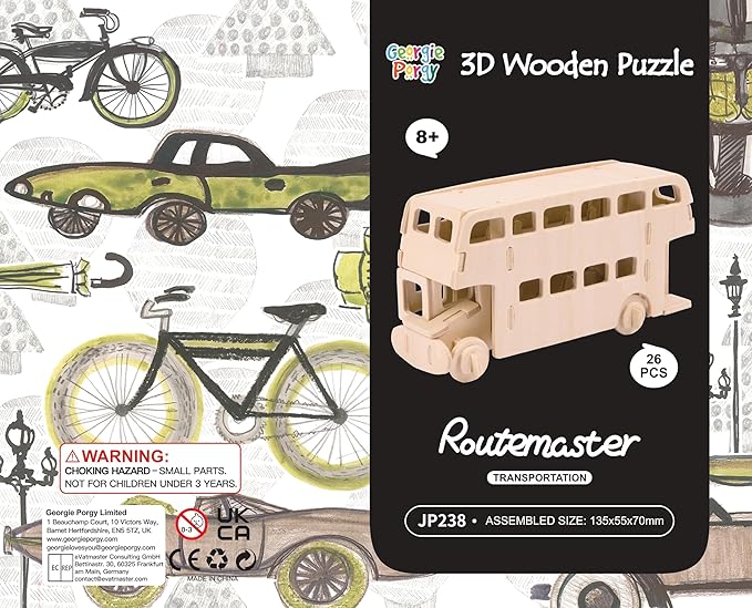 Georgie Porgy 3D Wooden Puzzles for Kids Toys Construction Woodcraft Kits DIY Model Puzzle Kits Birthday Gifts Pack of 3 (Seaplane Sports Cars London Bus)