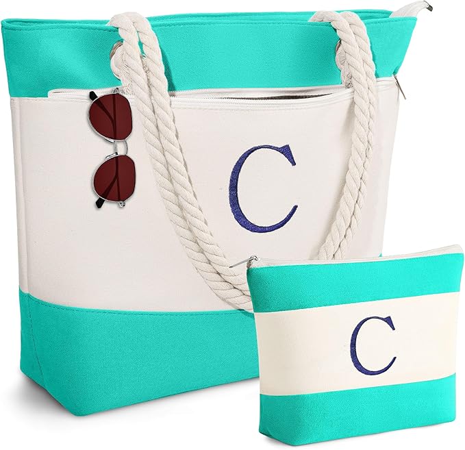 YOOLIFE Beach Bags for Women - Initial Tote Waterproof Bag with Makeup Bag, Mothers Day Gifts for Women Mom Friend Birthday