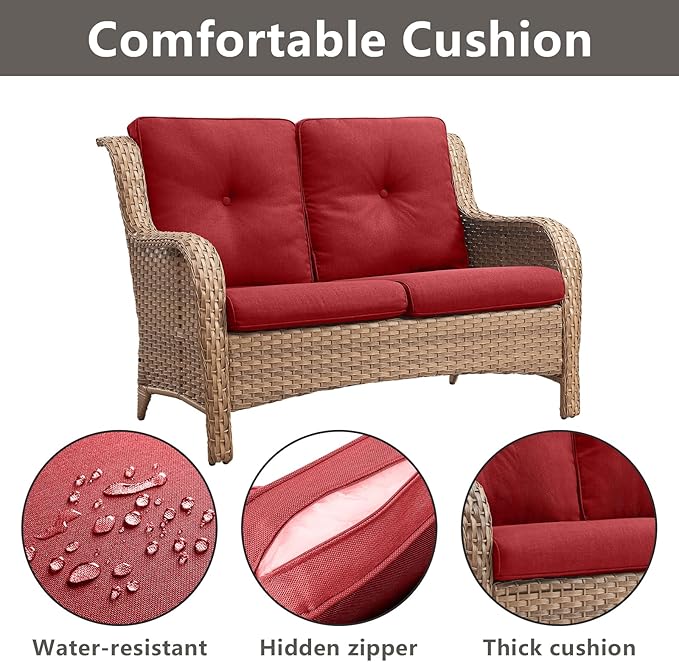 Outdoor Wicker Patio Furniture Set - 5 Piece Rattan Patio Conversation Set with 2 Rocking Swivel Chairs,2 Ottomans and 1 Loveseat for Porch Deck Backyard Garden(Yellow/Red)