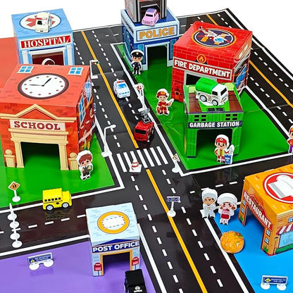 Cinrobiye Community Helpers Sorting and Stacking Set with Wooden Figures Traffic Signs Vehicles Modern City Mat Vehicle Preschool Learning Montessori Game Nesting Boxes for Boys Girls Birthday Gift