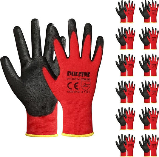 DULFINE Safety Work Gloves PU Coated-12 Pairs,Red Seamless Knit Glove with Polyurethane Coated Smooth Grip on Palm & Fingers, for Men and Women, Ideal for General Duty Work (XX-Large)