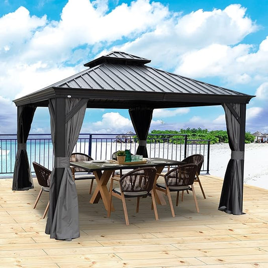 Kozyard Alexander 12' X 12' Aluminum Hardtop Gazebo with Galvanized Steel Double Roof Canopy, Curtain and Netting, Permanent Gazebo Pavilion for Patio, Backyard, Deck, Lawn (Gray)