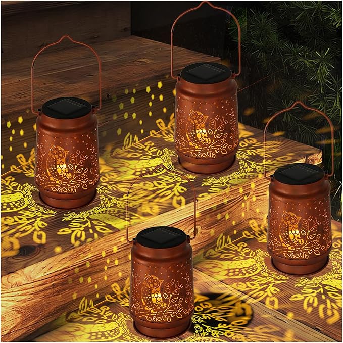Outdoor Solar Lanterns Waterproof - Metal Hanging Solar Lights Outdoor Decorative, Solar Powered Lamp for Patio Yard Garden Decor, Christmas Birthday Gifts for Women Mom (4 Pack, Owl Shape)