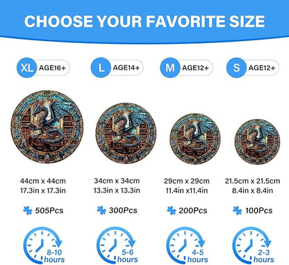 WOODBESTS Wooden Puzzles for Adults (300 Piece, L, 13.4"x13.4") Dragon's Library Wood Puzzle Adult, Unique Wooden Animal Jigsaw Puzzles, Family Game and Birthday Gifts for Friend