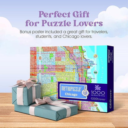 GeoToys Metropuzzle, Chicago Jigsaw Puzzles 1000 Pieces - 27 x 19 Detailed Chicago Geography Puzzle, Challenging Adult Puzzle, Fun Puzzles for Adults, Map Poster Included for Adults