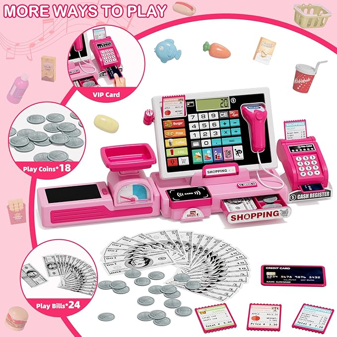 63PCS Cash Register for Kids, Kids Cash Register with Real Calculator, Pretend Play Store with Music/Motorized Conveyor/Play Money/Food Toys, Learning Toys for Boys Girls 3+, Pink