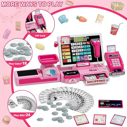 63PCS Cash Register for Kids, Kids Cash Register with Real Calculator, Pretend Play Store with Music/Motorized Conveyor/Play Money/Food Toys, Learning Toys for Boys Girls 3+, Pink