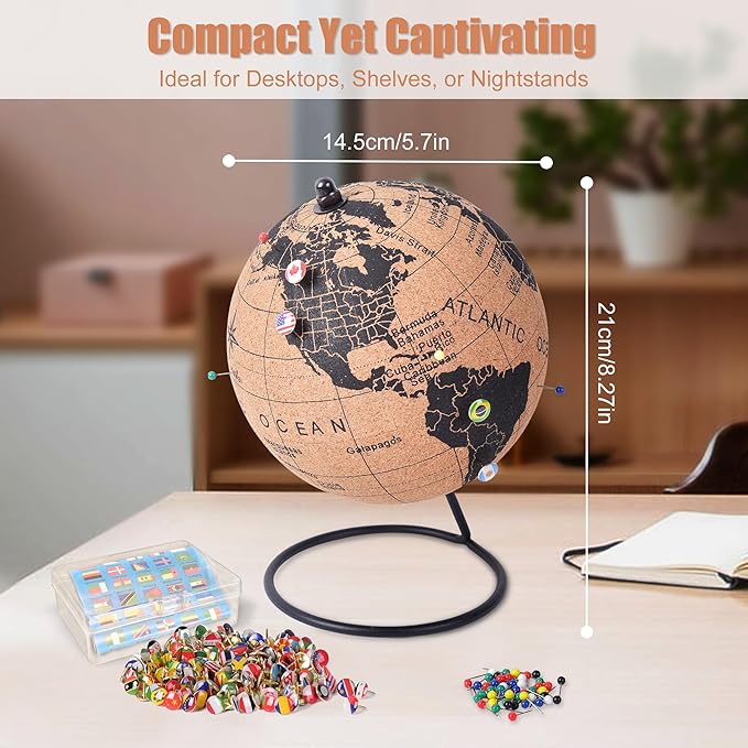 6" Cork Globe with 100 National Flag Pins & 50 Colored Push Pins – Cork World Map with Rotating Stand – Pin Globe for Travel Tracking, Home or Office Decor – Gift for Couples & Families(DH-DQY-145)