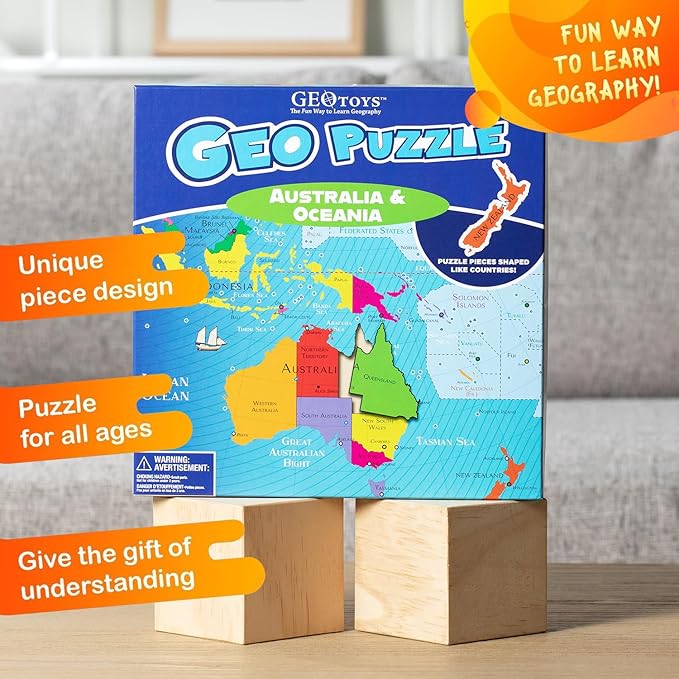 GeoToys GeoPuzzle, Australia & Oceania Shaped Jigsaw Puzzles, 70 Pc Geography Puzzle, Geography Game, Map Puzzle - Jigsaw Puzzles for Kids Ages 6-9 Years Old